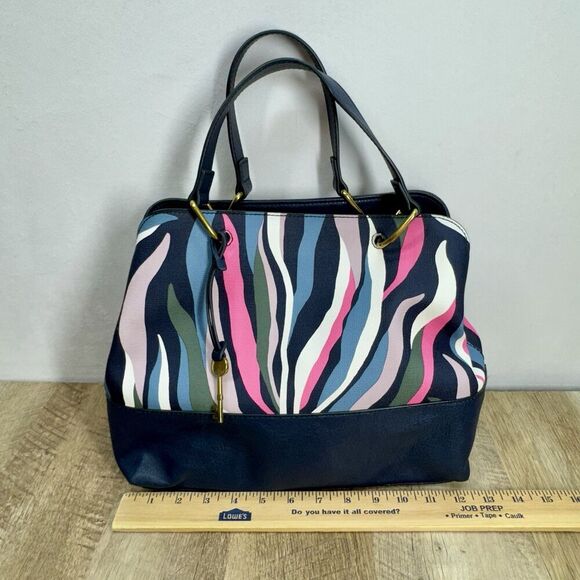 Fossil Lane Satchel Handbag Sea Pink Zebra Stripe Double Handle Zipper Pockets - Picture 11 of 16